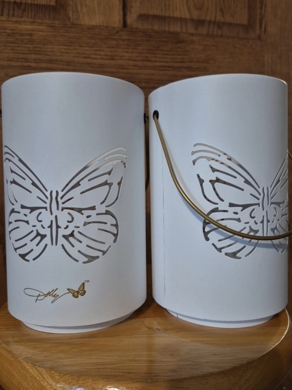 Dolly Parton White Butterfly Cutout Metal Lanterns with Gold Handles - Pair